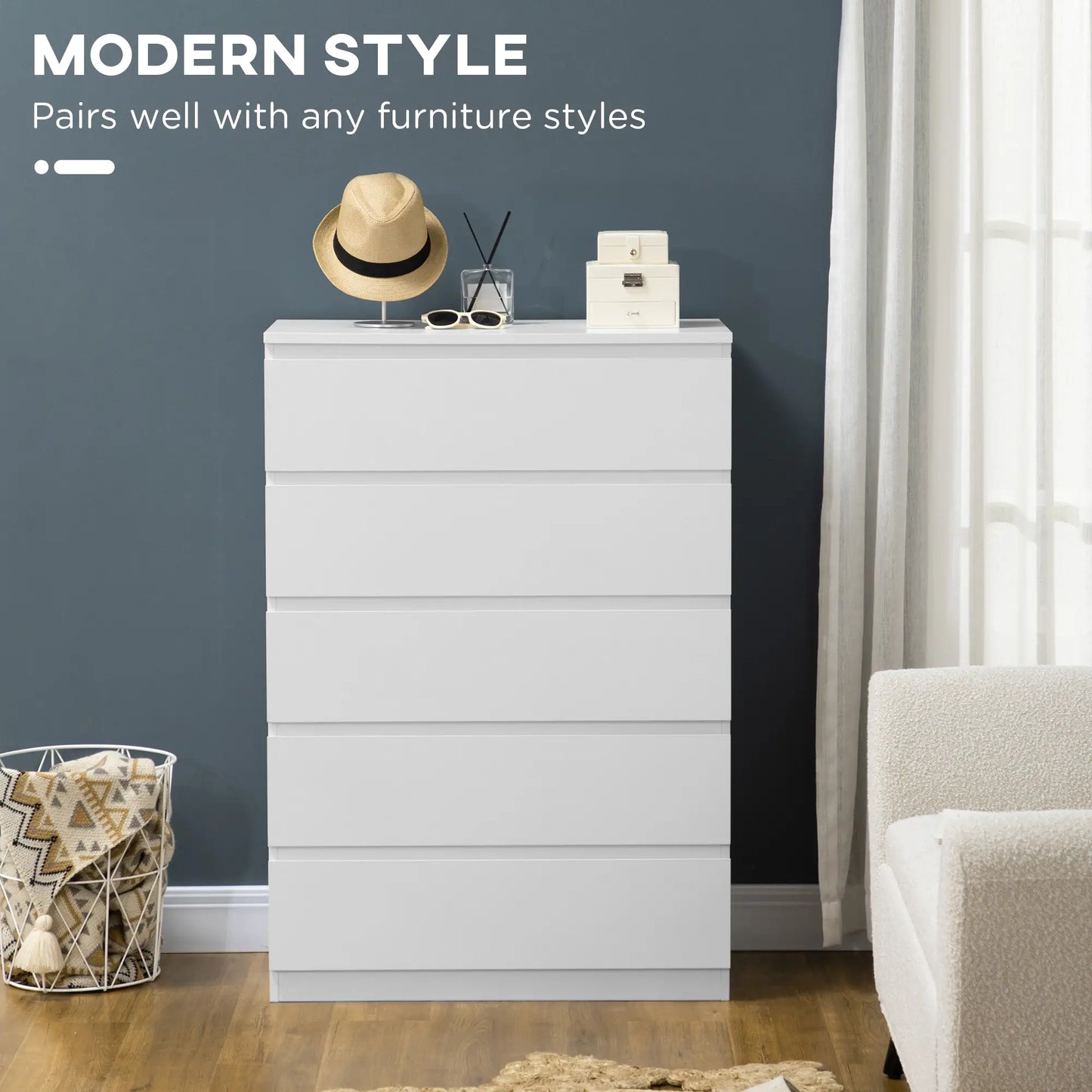 5 Drawer Chest, Dresser for Bedroom, Zinc Alloy Runners Storage Cabinets at Gallery Canada