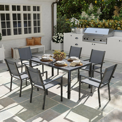 7-Piece Outdoor Dining Set, 6 Stackable Chairs, Rectangle Table, WPC Top