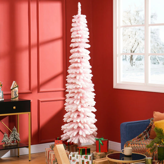 7ft Snow-Flocked Slim Pencil Christmas Tree, 490 Branches, Metal Base, Pink Flocked Christmas Trees Pink at Gallery Canada