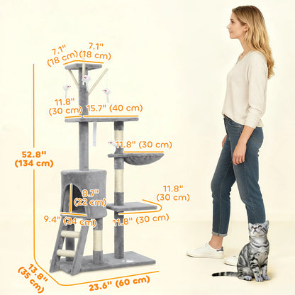 53" Cat Tree Tower, Scratching Posts, Condo, Hammock, Grey Cat Trees at Gallery Canada
