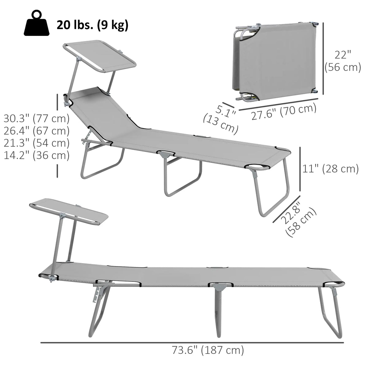 Outdoor Lounge Chair, Adjustable Folding Chaise With Sun Shade, Light Grey Lounger Chairs at Gallery Canada