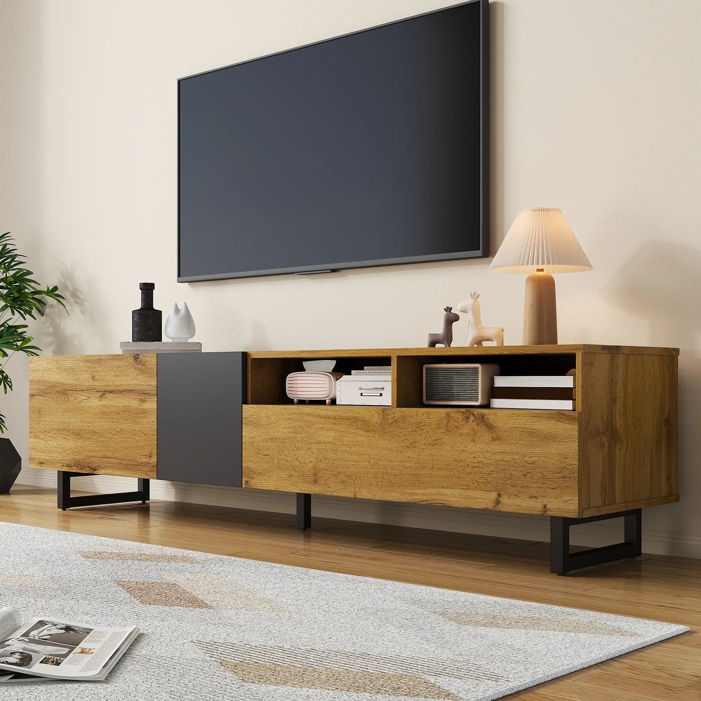 TV Stand, U-Shaped Metal Legs, 3 Doors, 2 Compartments, 67" L x 14" W x 16.5" H, Black+Natural TV Stands at Gallery Canada