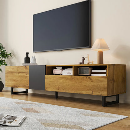 TV Stand, U-Shaped Metal Legs, 3 Doors, 2 Compartments, 67" L x 14" W x 16.5" H, Black+Natural TV Stands at Gallery Canada