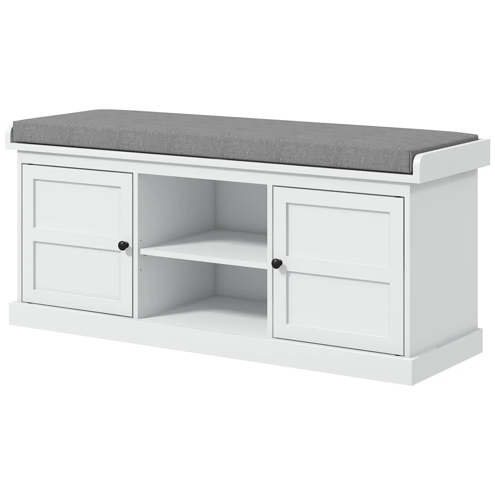 Shoe Storage Bench with Cushioned Seat, 2 Cabinets, Adjustable Shelf, White Shoe Storage Cabinets & Racks White, Grey at Gallery Canada