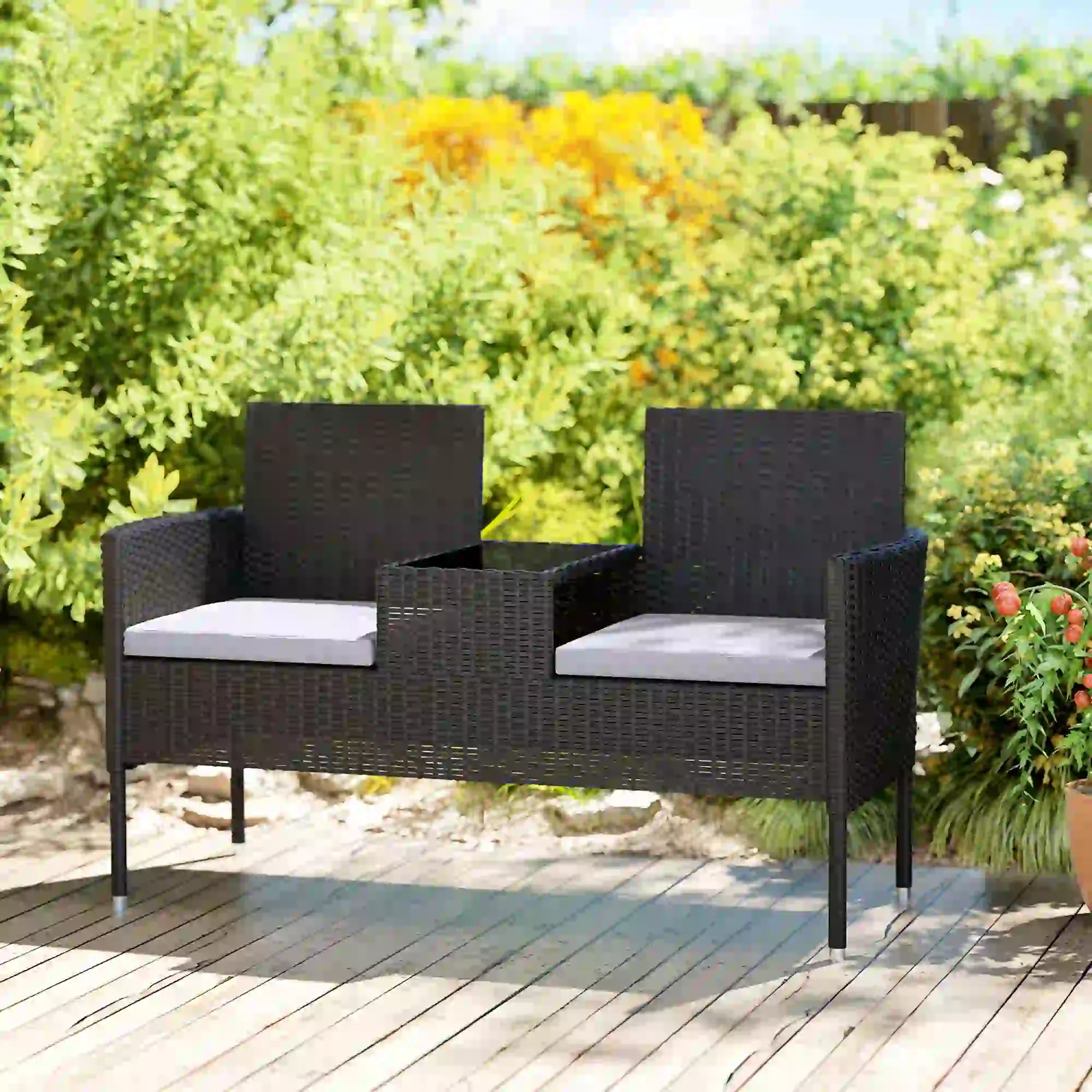 PE Rattan Loveseat with Cushion, Mid-Table, Light Grey Patio Chairs at Gallery Canada