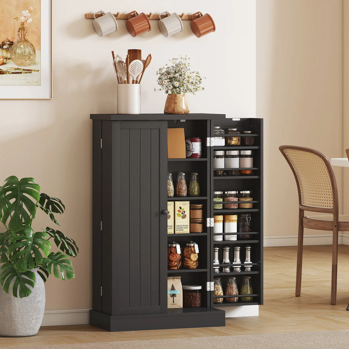 Kitchen Pantry Storage Cabinet, 5-Tier, 12 Spice Racks, Black, Black