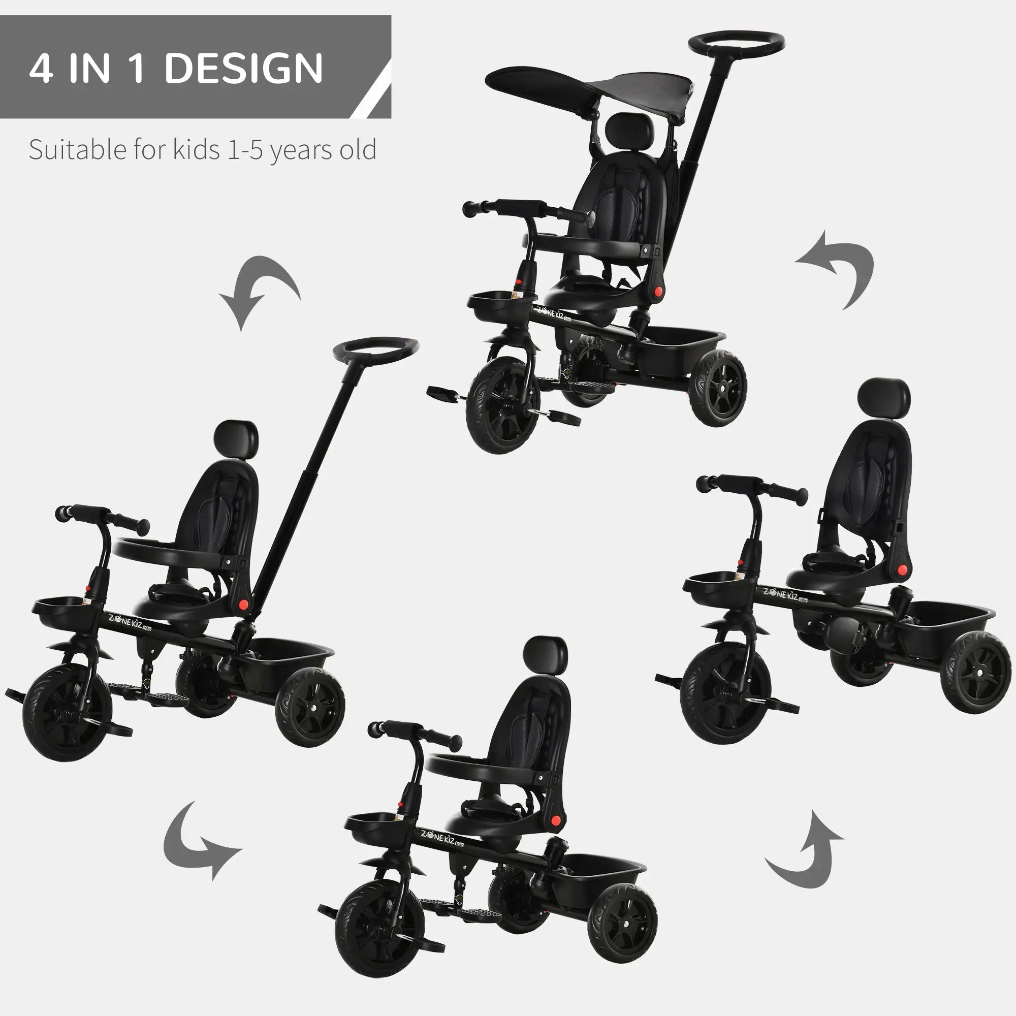 Kids Tricycle 4 In 1 Trike with Reversible Angle Adjustable Seat Removable Handle Canopy Handrail Belt Storage Footrest Brake Clutch for 1-5 Years Old Black Tricycles for Kids at Gallery Canada