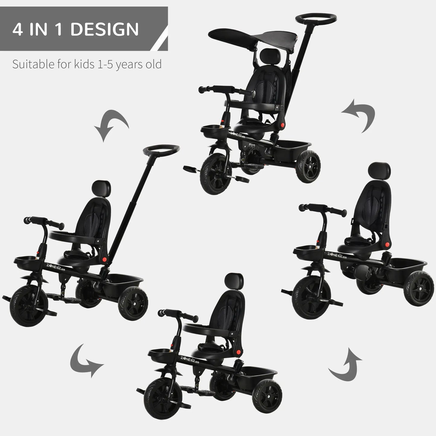 Kids Tricycle 4 In 1 Trike with Reversible Angle Adjustable Seat Removable Handle Canopy Handrail Belt Storage Footrest Brake Clutch for 1-5 Years Old Black Tricycles for Kids at Gallery Canada