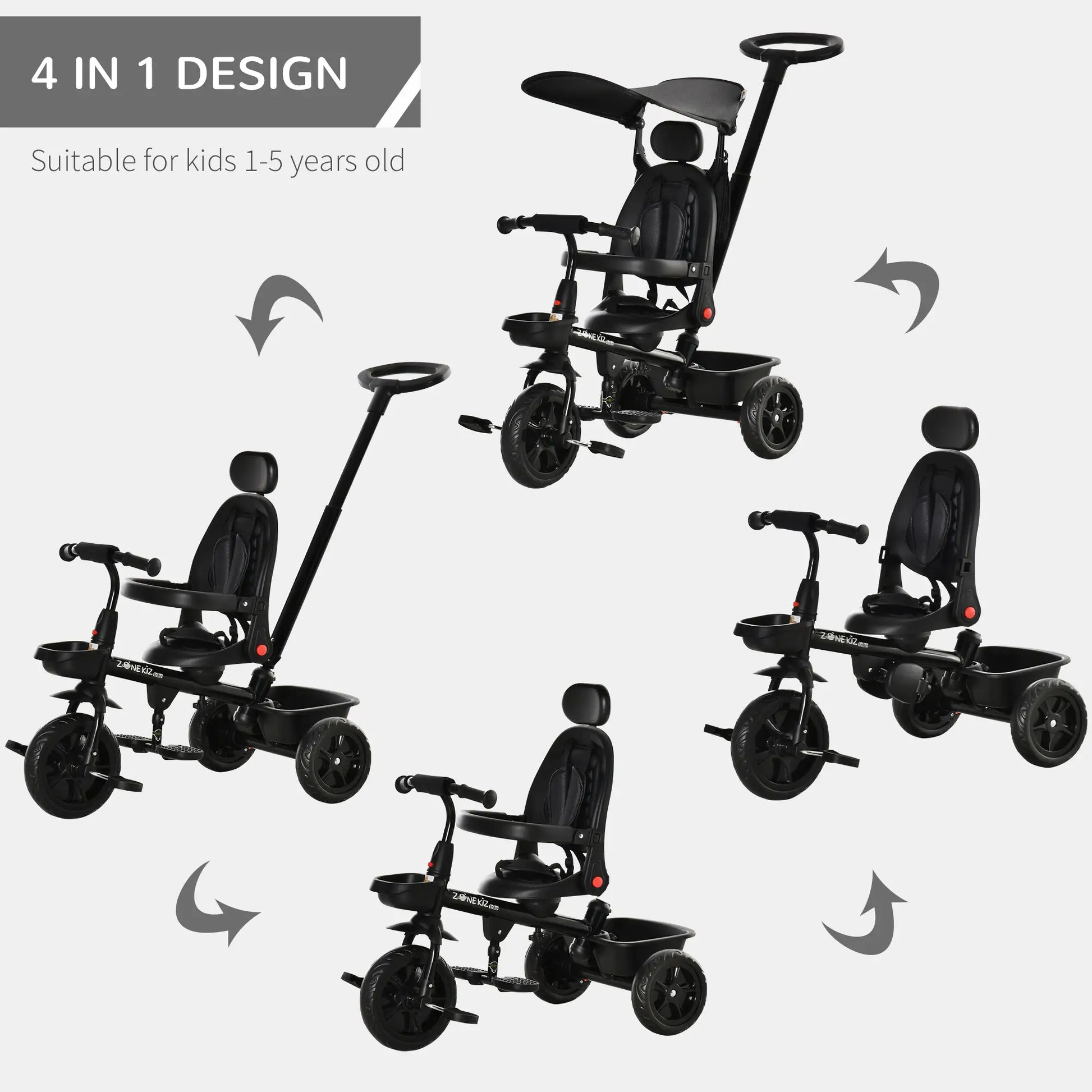 Kids Tricycle 4 In 1 Trike with Reversible Angle Adjustable Seat Removable Handle Canopy Handrail Belt Storage Footrest Brake Clutch for 1-5 Years Old Black Tricycles for Kids at Gallery Canada