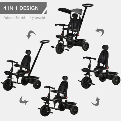 Kids Tricycle 4 In 1 Trike with Reversible Angle Adjustable Seat Removable Handle Canopy Handrail Belt Storage Footrest Brake Clutch for 1-5 Years Old Black Tricycles for Kids at Gallery Canada