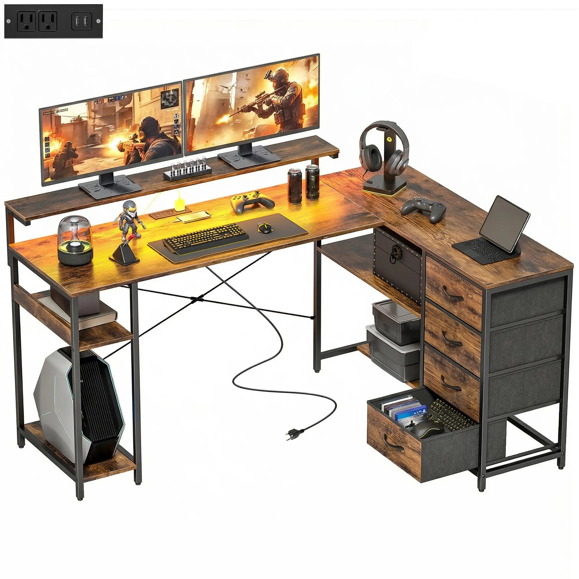 Gaming Desk With Power Outlets, LED Lights, Drawers, Monitor Stand, 61