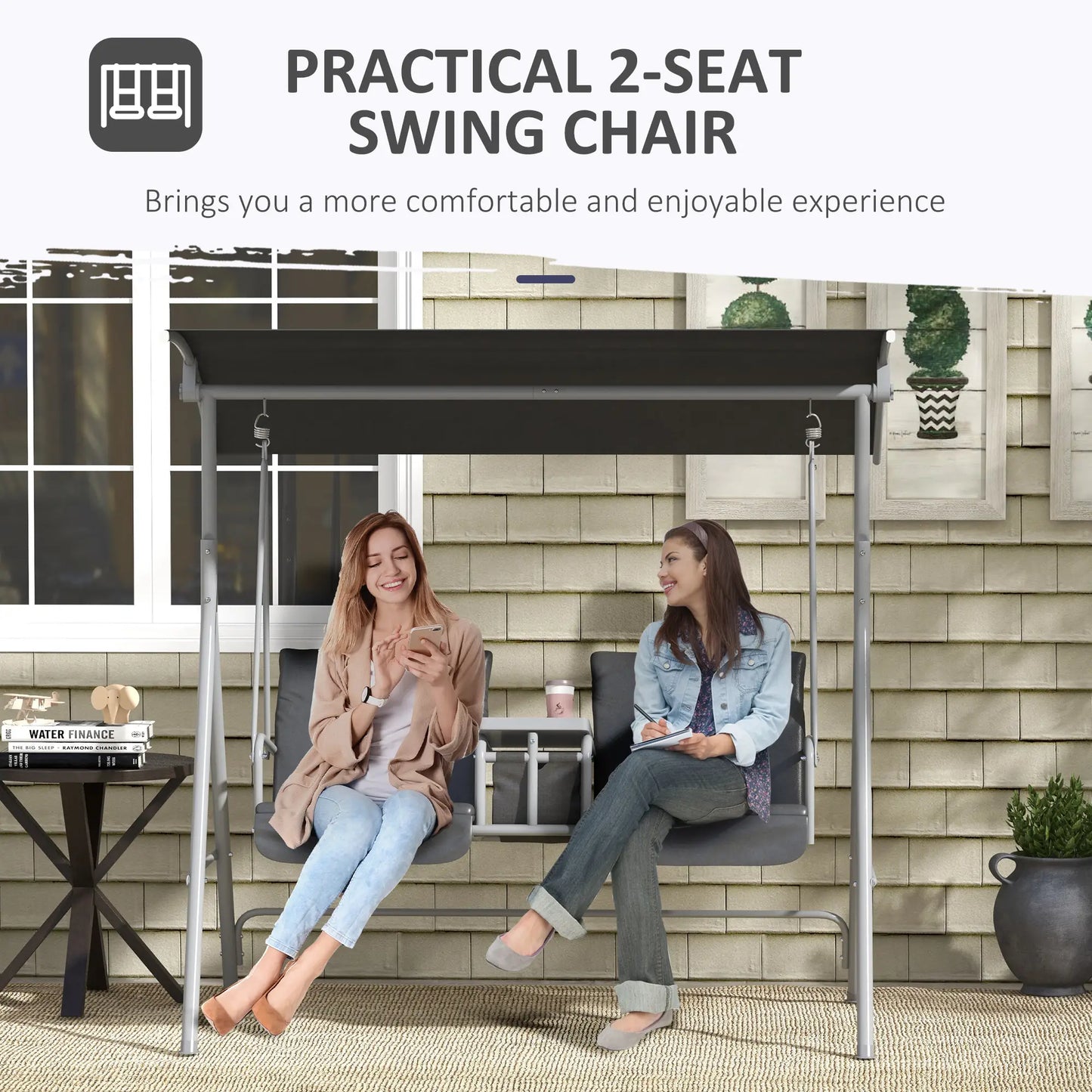2-Seater Outdoor Porch Swing, Adjustable Canopy, Table, Grey Patio Swings with Stand at Gallery Canada