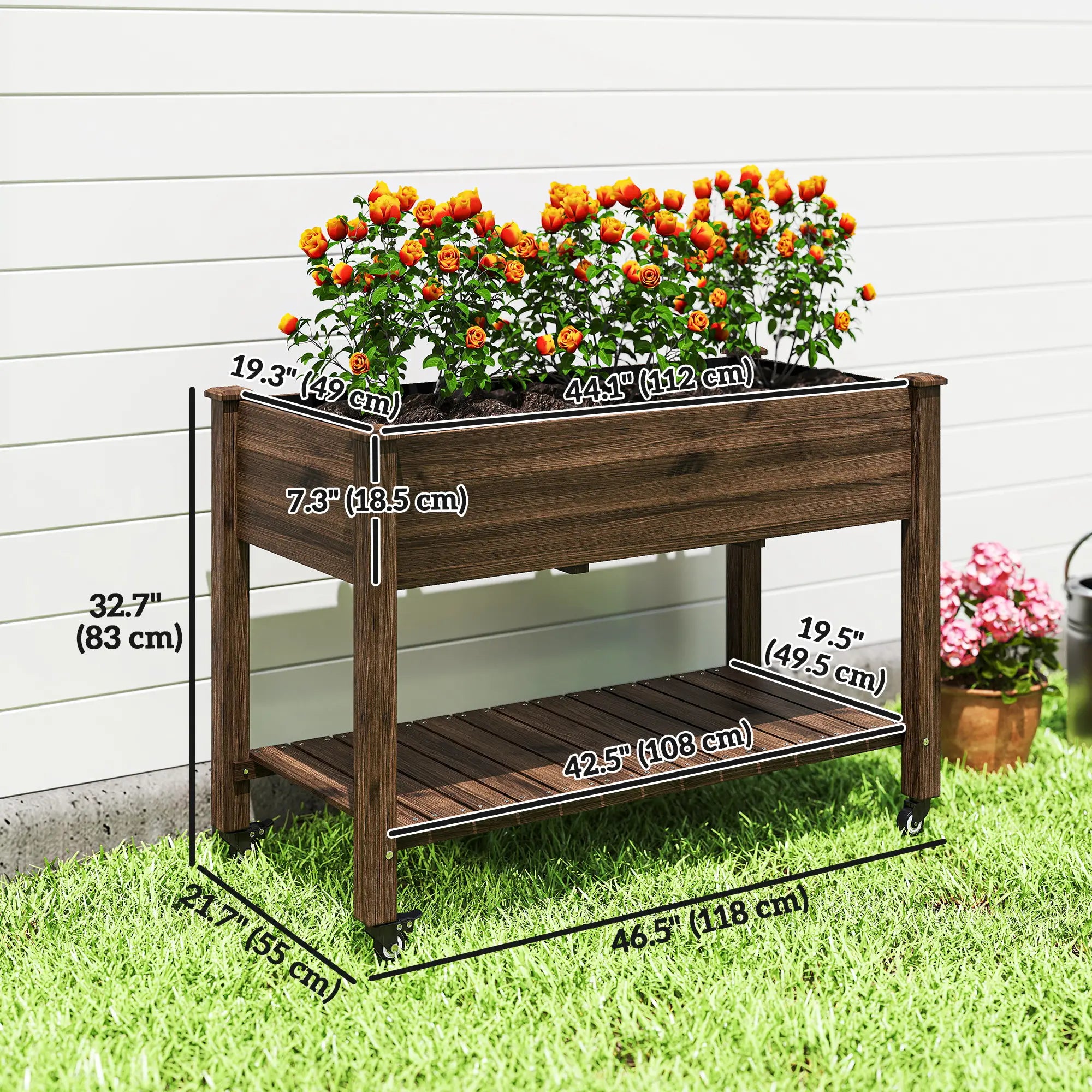 Mobile Raised Garden Bed, Elevated Wood Planter Box, Lockable Wheels, Storage Shelf, Carbonized Elevated Garden Beds at Gallery Canada