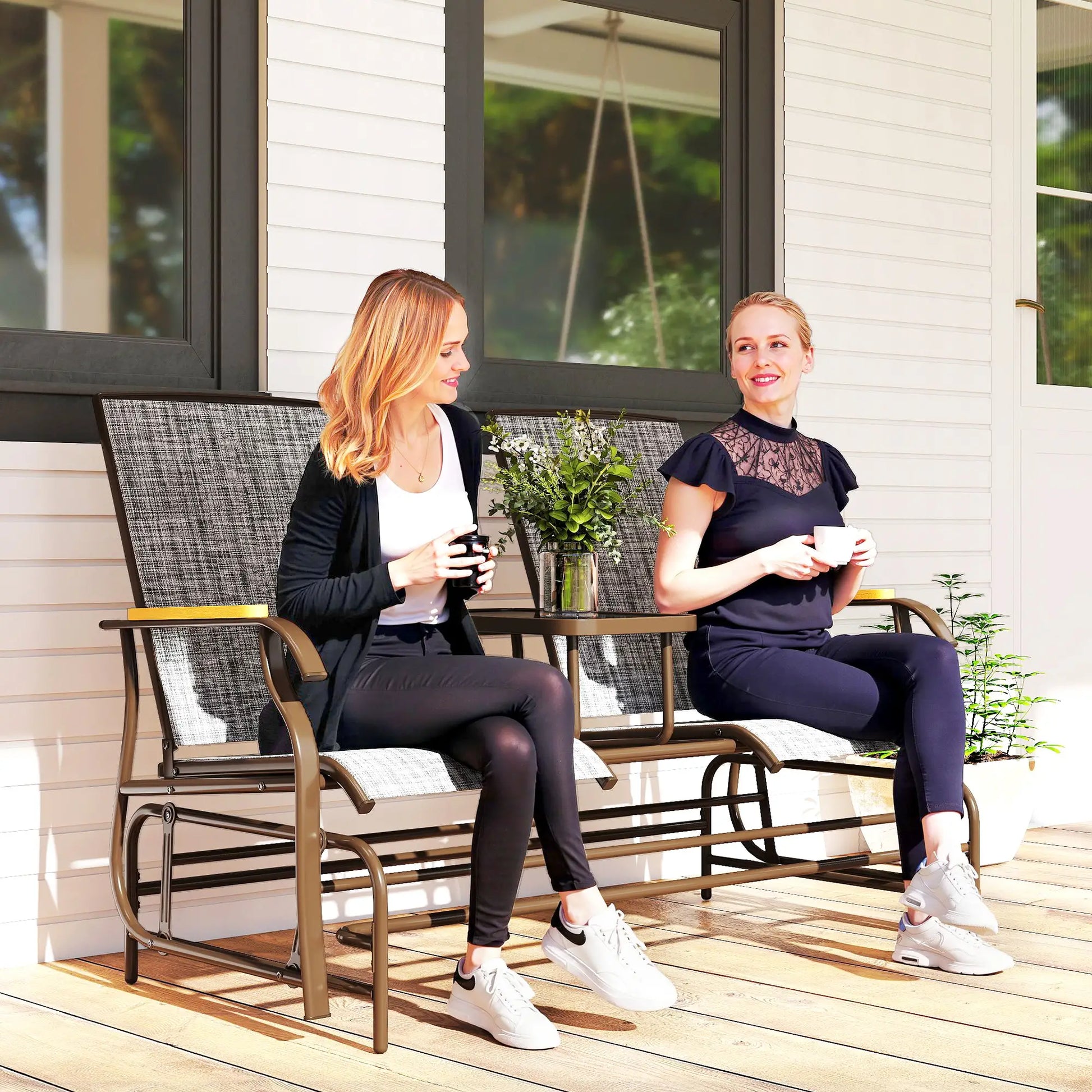 2-Person Outdoor Glider Bench, Swing Chair with Mesh, Table, Steel Frame Outdoor Gliders at Gallery Canada