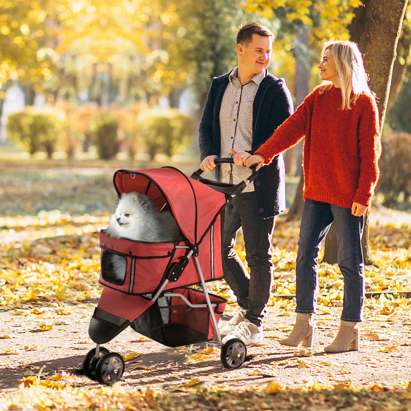3 Wheel Foldable Dog Stroller, Storage Basket, Adjustable Canopy, Cupholder, Red Dog Bike Trailers & Strollers at Gallery Canada