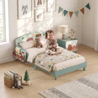 Toddler Bed with Storage, Guard Rails, 132x70x10cm, Green Bear Print