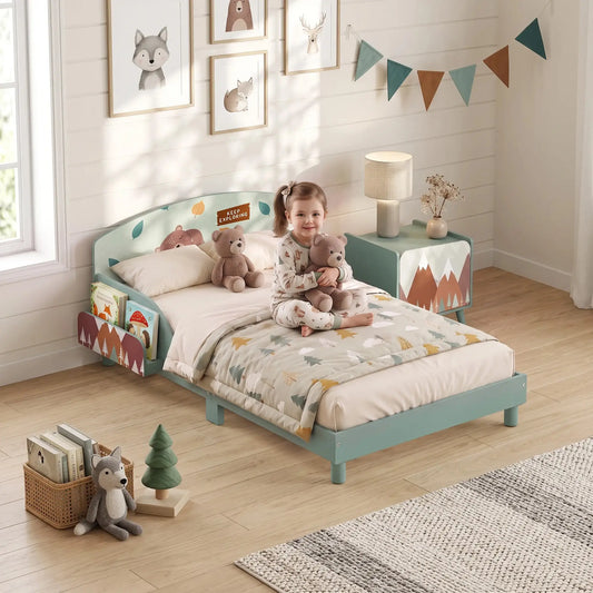 Toddler Bed with Storage, Guard Rails, 132x70x10cm, Green Bear Print Kids Bedroom Furniture Green at Gallery Canada
