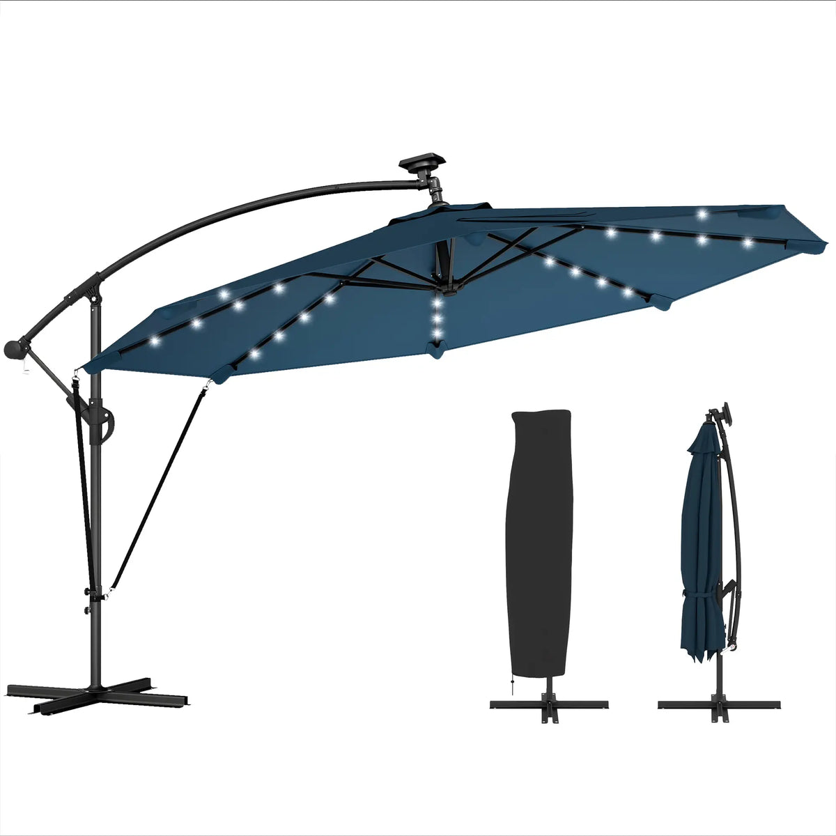 11.3 ft Cantilever Patio Umbrella, With Light And Cover, Navy Blue Offset Cantilever Umbrellas Navy Blue at Gallery Canada
