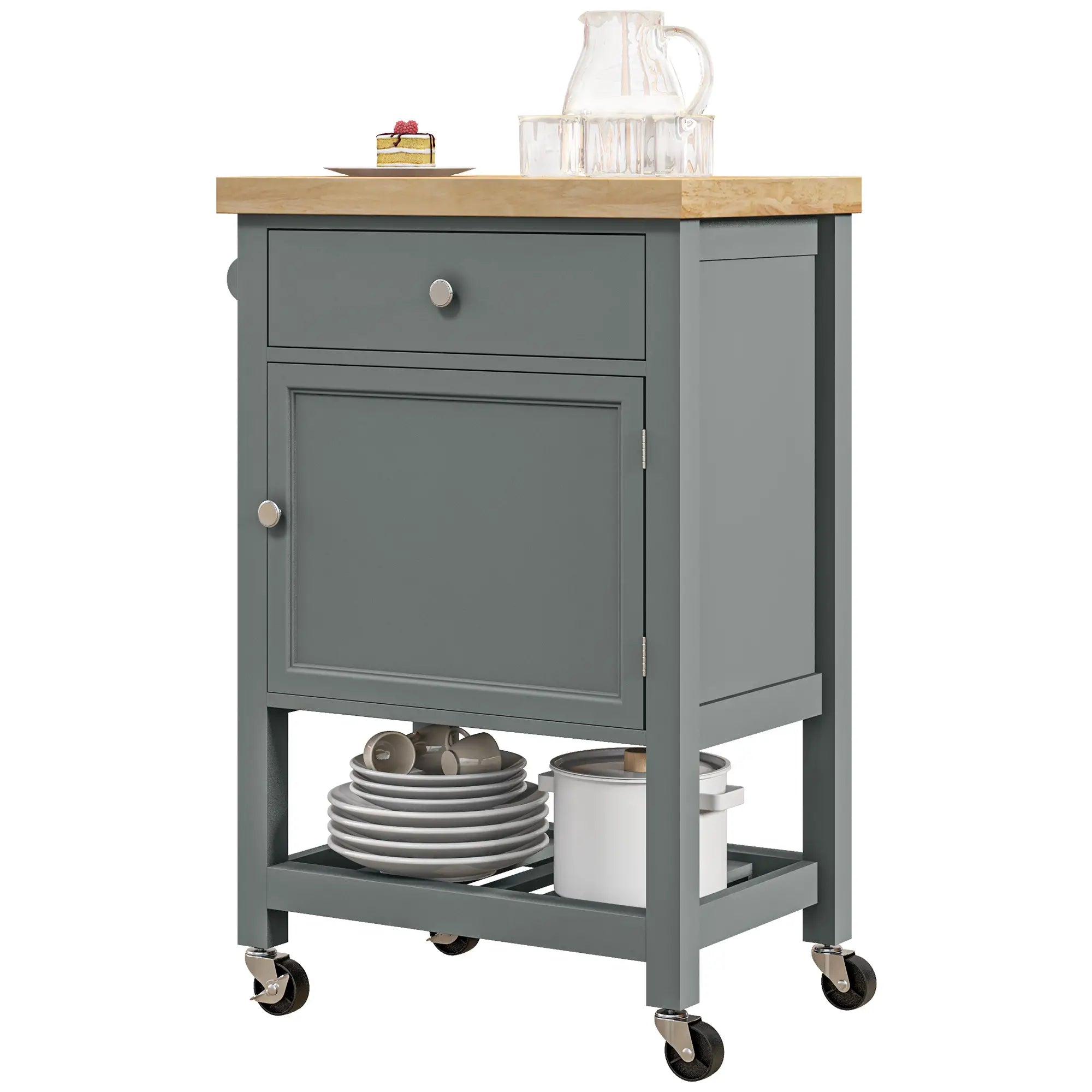 Kitchen Cart on Wheels, Wood Top, Towel Rack, Drawer, Shelf, Grey Kitchen Islands & Kitchen Carts Grey, Oak at Gallery Canada