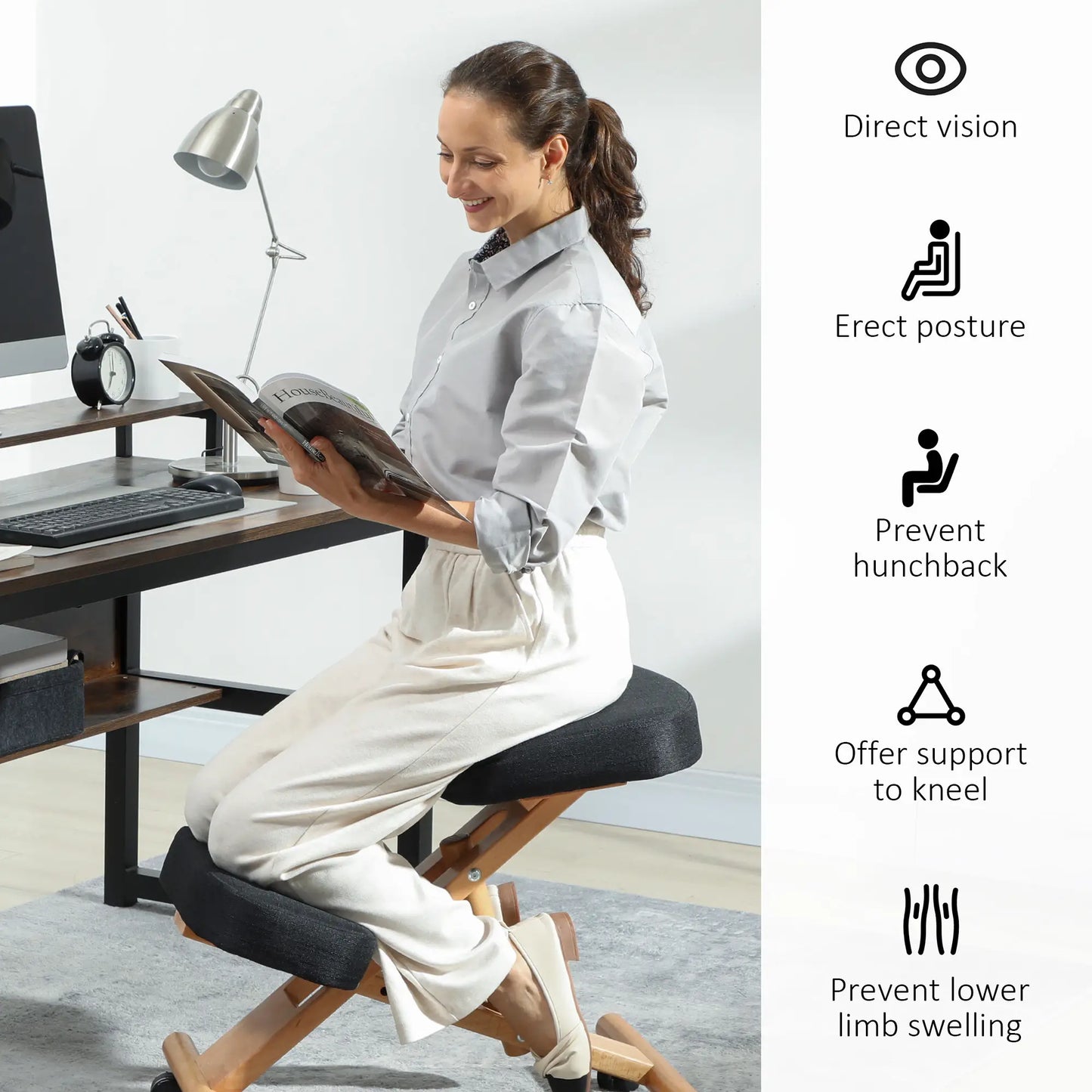 Ergonomic Kneeling Chair, Rubberwood Frame, Rolling Wheels, Black Office Chairs at Gallery Canada