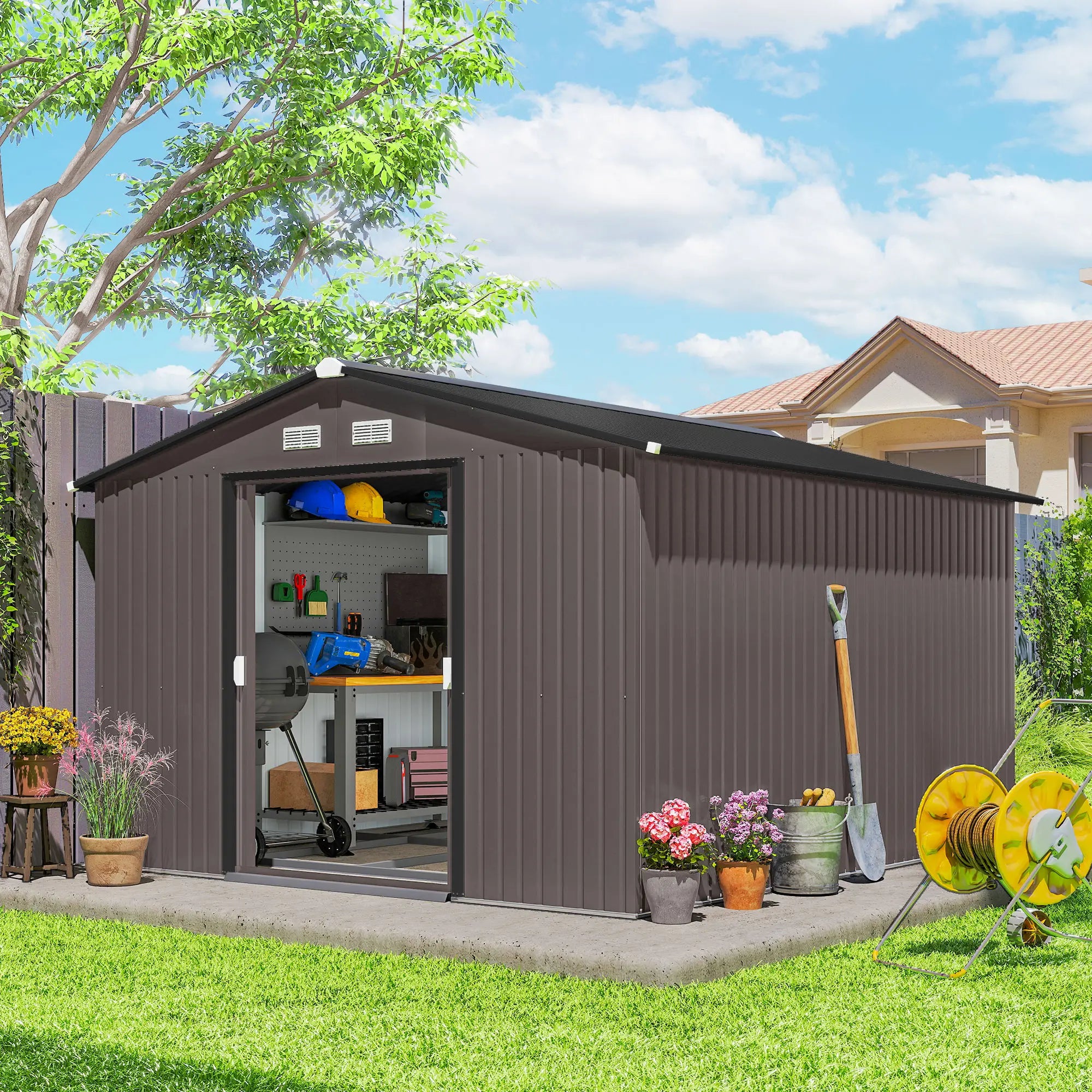 9' x 10.6' Garden Storage Shed, Foundation Kit, Metal Tool House, Double Doors, Brown Sheds at Gallery Canada