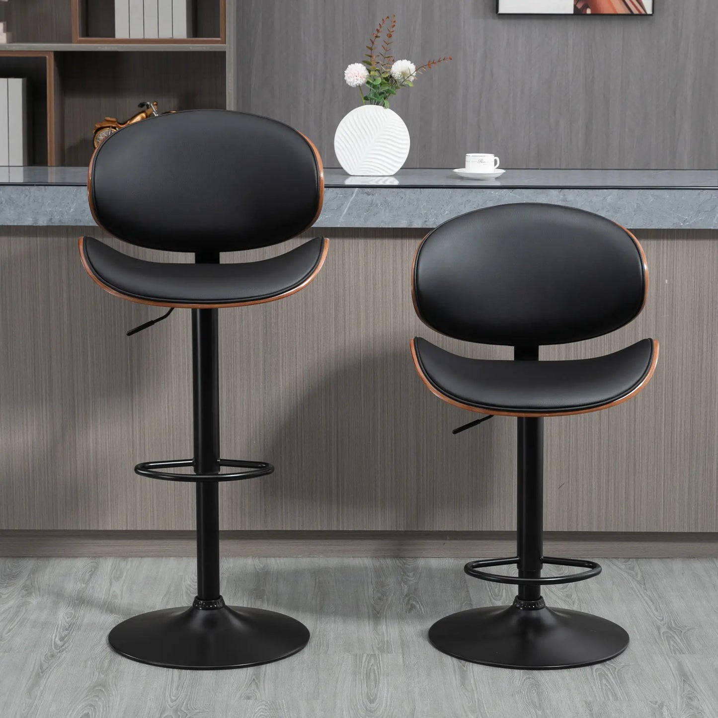 Modern PU Leather Swivel Bar Stools, Set of 2, Adjustable with Footrest, Black Bar Stools at Gallery Canada