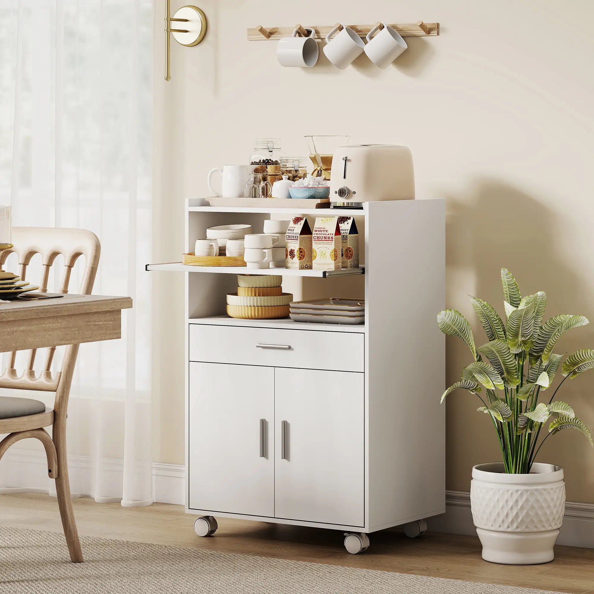 Microwave Cart with Wheels, Storage Cabinet, White Kitchen Islands & Kitchen Carts at Gallery Canada
