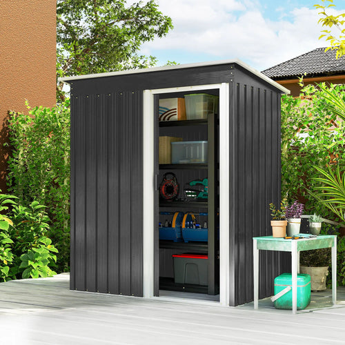 5x3 FT Outdoor Storage Shed, Sliding Door, Sloped Roof, Steel Frame, Black
