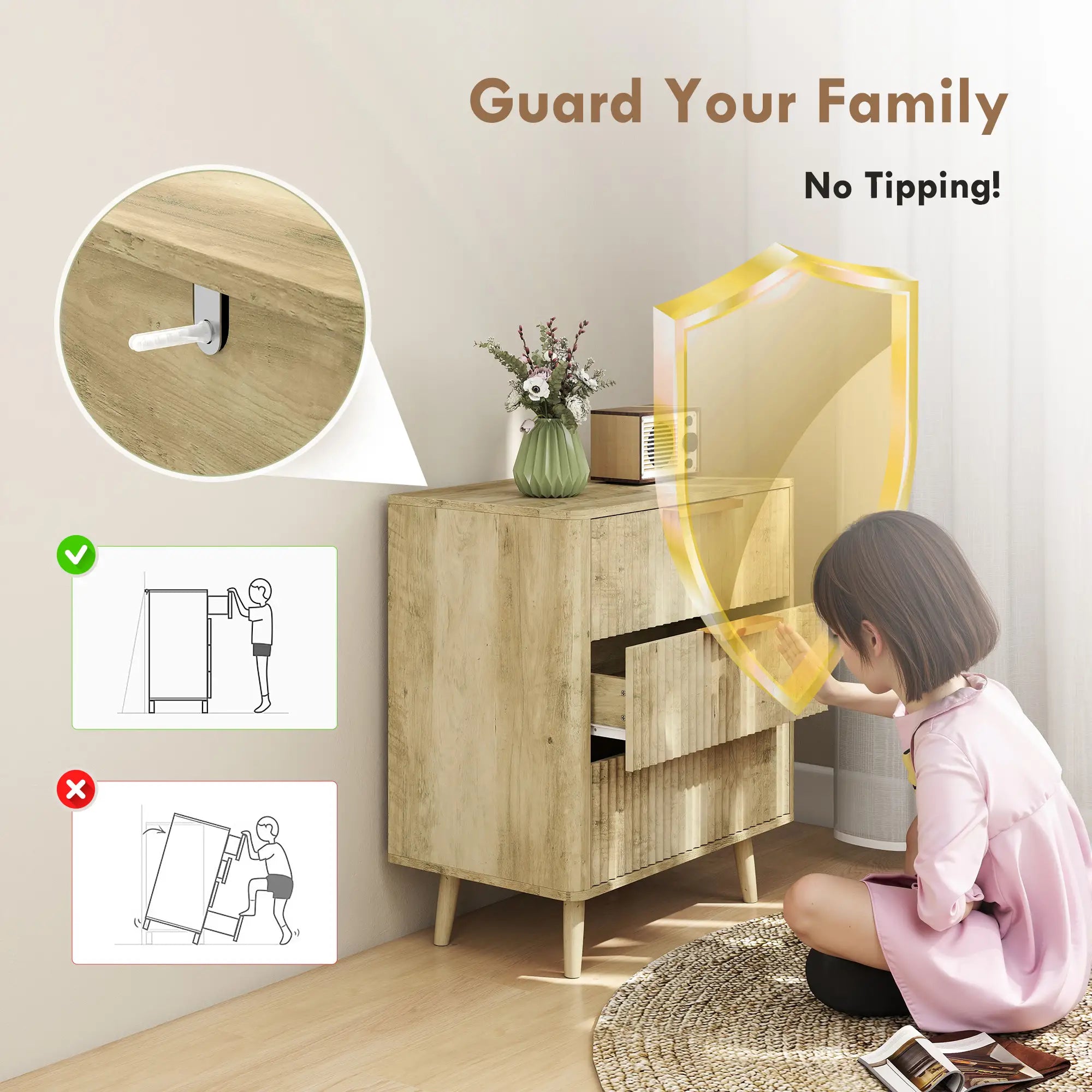 Fluted Chest of Drawers, Modern 3 Drawer Dresser with Pine Wood Legs, Oak Storage Cabinets at Gallery Canada