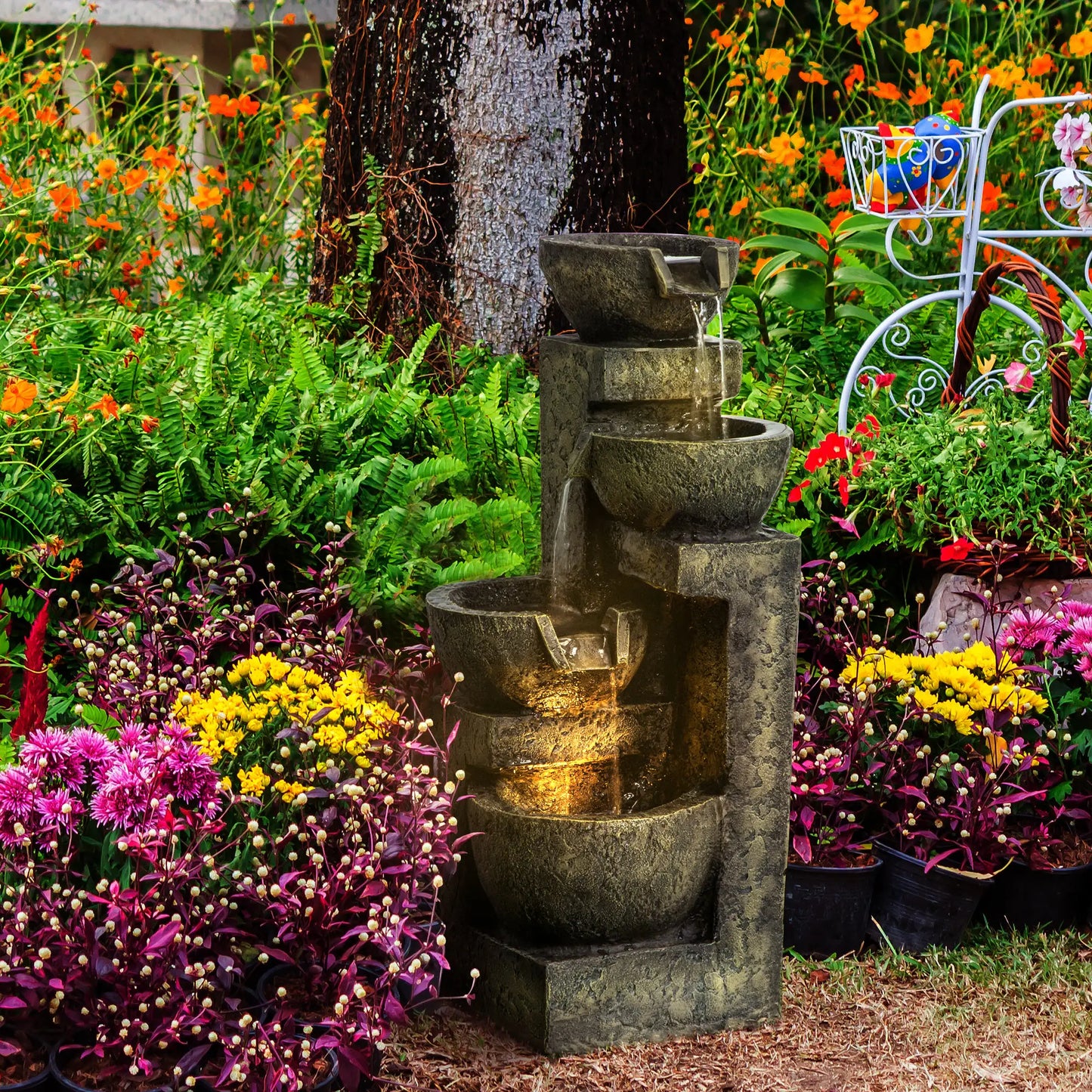 Outdoor Fountain, 4-Tier Stone Look Bowls, Adjustable Flow, LED Lights Water Fountains at Gallery Canada