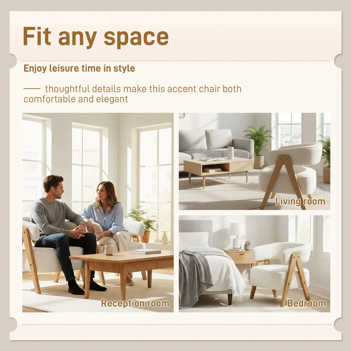 Sherpa Fleece Accent Chair, Upholstered Armchair with Wood Legs, White Accent Chairs at Gallery Canada