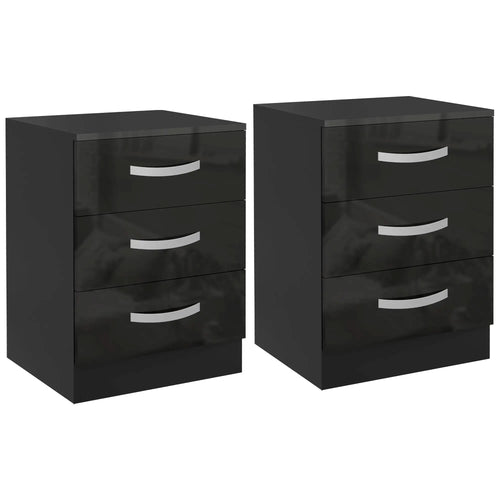 Modern Nightstand Set of 2, Drawers, High Gloss Fronts, Black