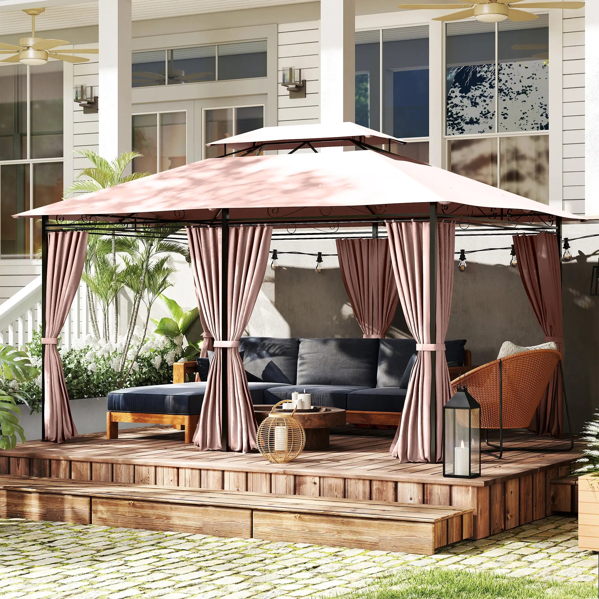 10' x 13' Patio Gazebo, Outdoor Garden Canopy with Curtains, Khaki Gazebos at Gallery Canada