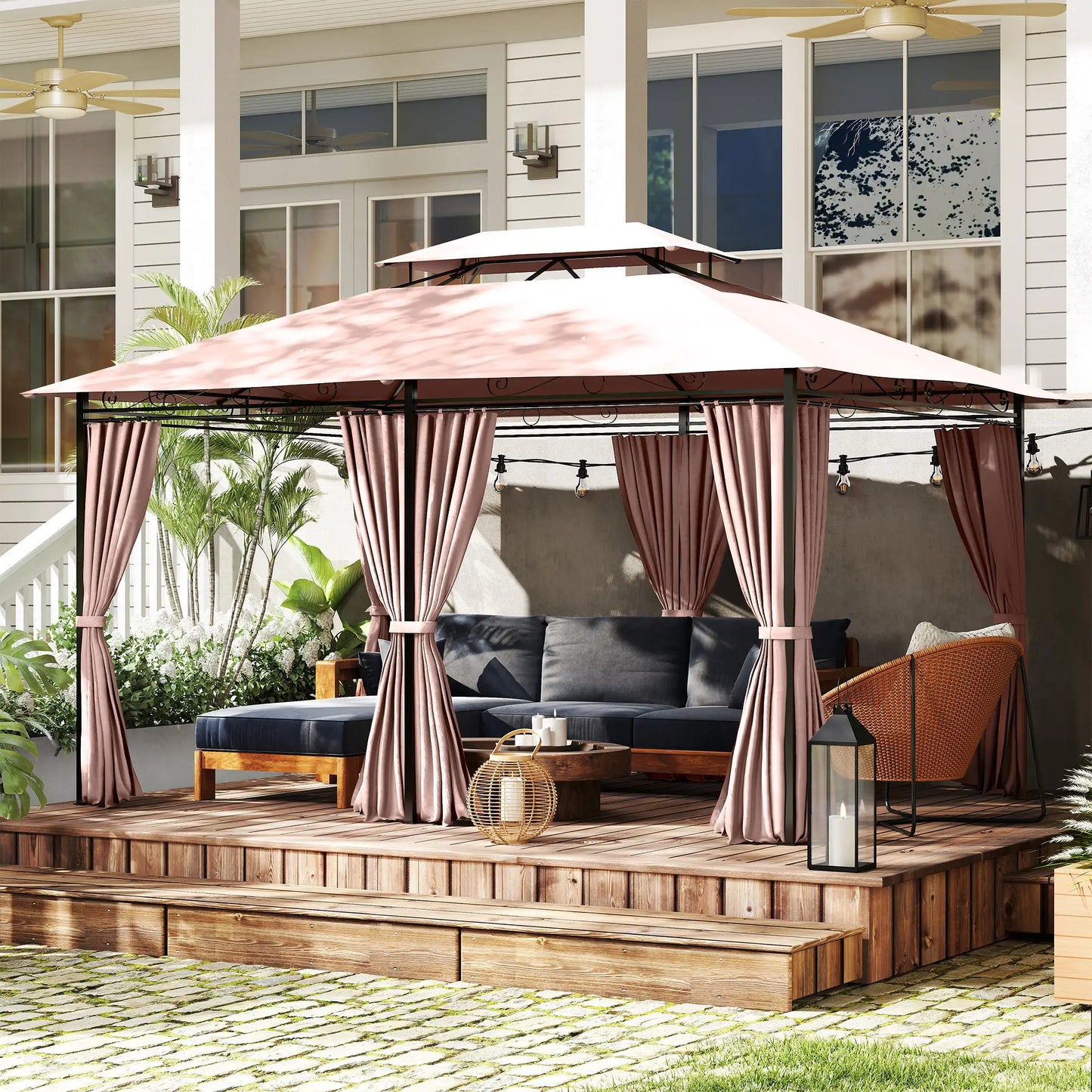10' x 13' Patio Gazebo, Outdoor Garden Canopy with Curtains, Khaki Gazebos at Gallery Canada