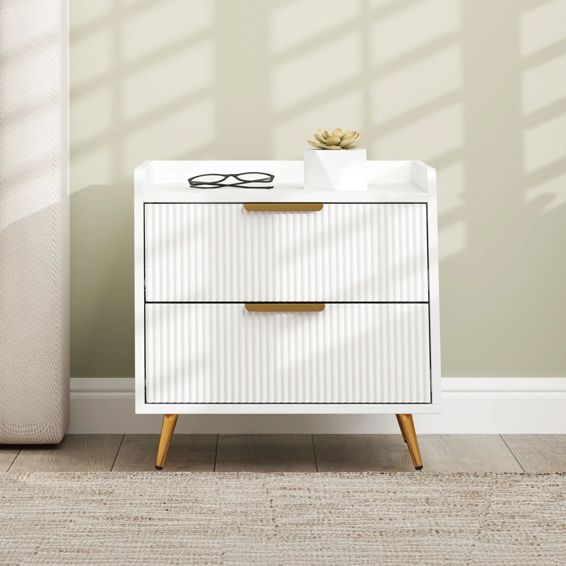 Bedside Table, Nightstand with 2 Drawers, Metal Legs, White Bedside Tables at Gallery Canada