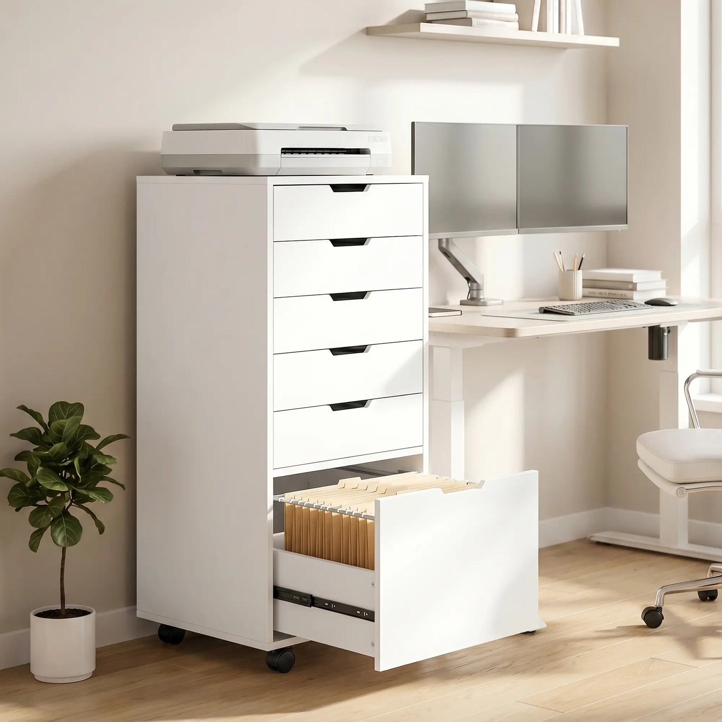 Mobile Printer Stand With 5 Drawers, White