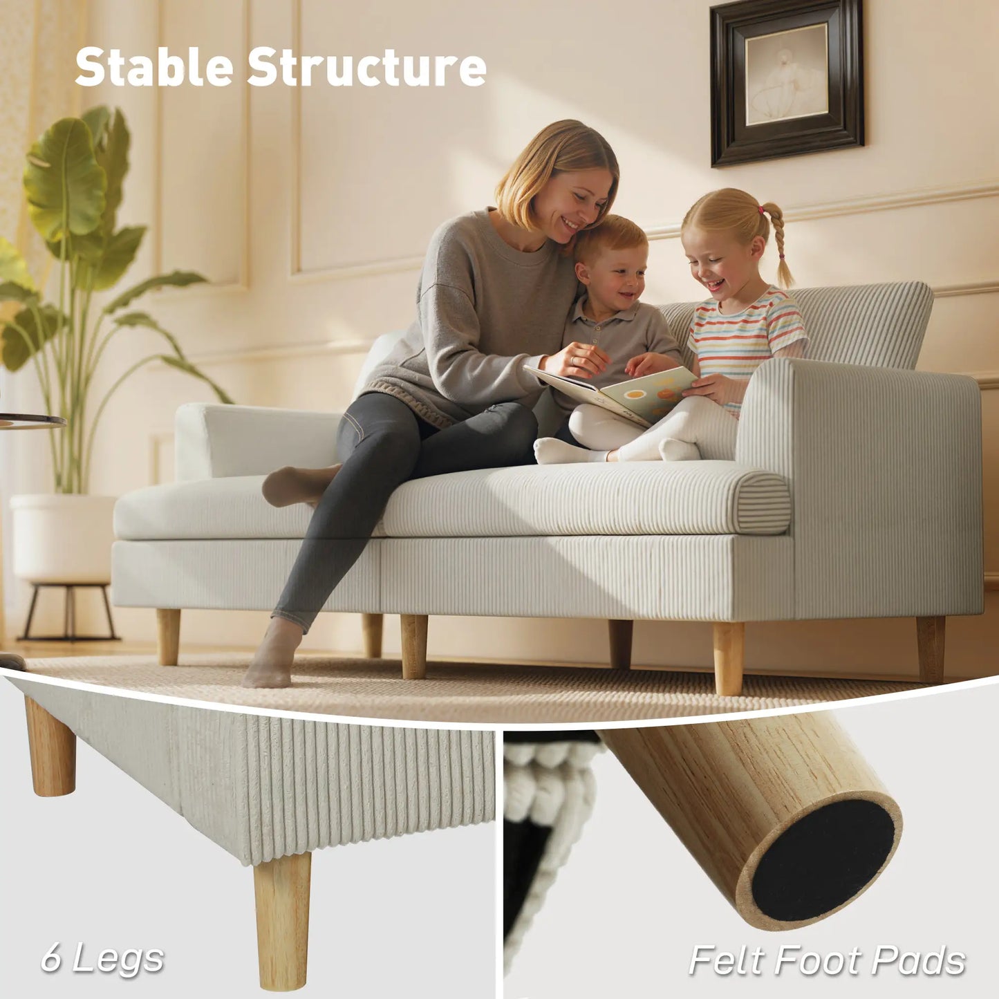 Canapé 3 places, 74" Canapé en velours côtelé, Pieds en bois massif, Beige