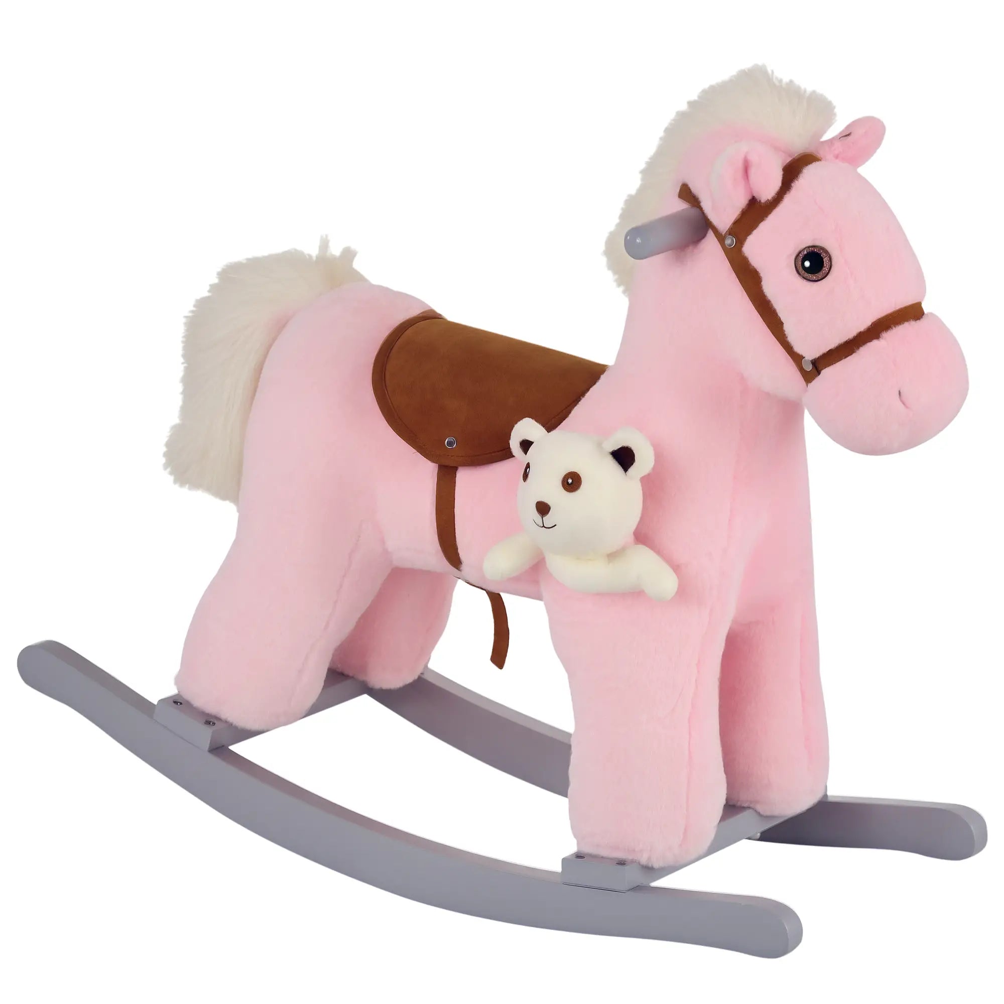 Kids Plush Ride-On Rocking Horse, Soft Bear Toy, Realistic Sounds, Pink Rocking Horses Pink at Gallery Canada