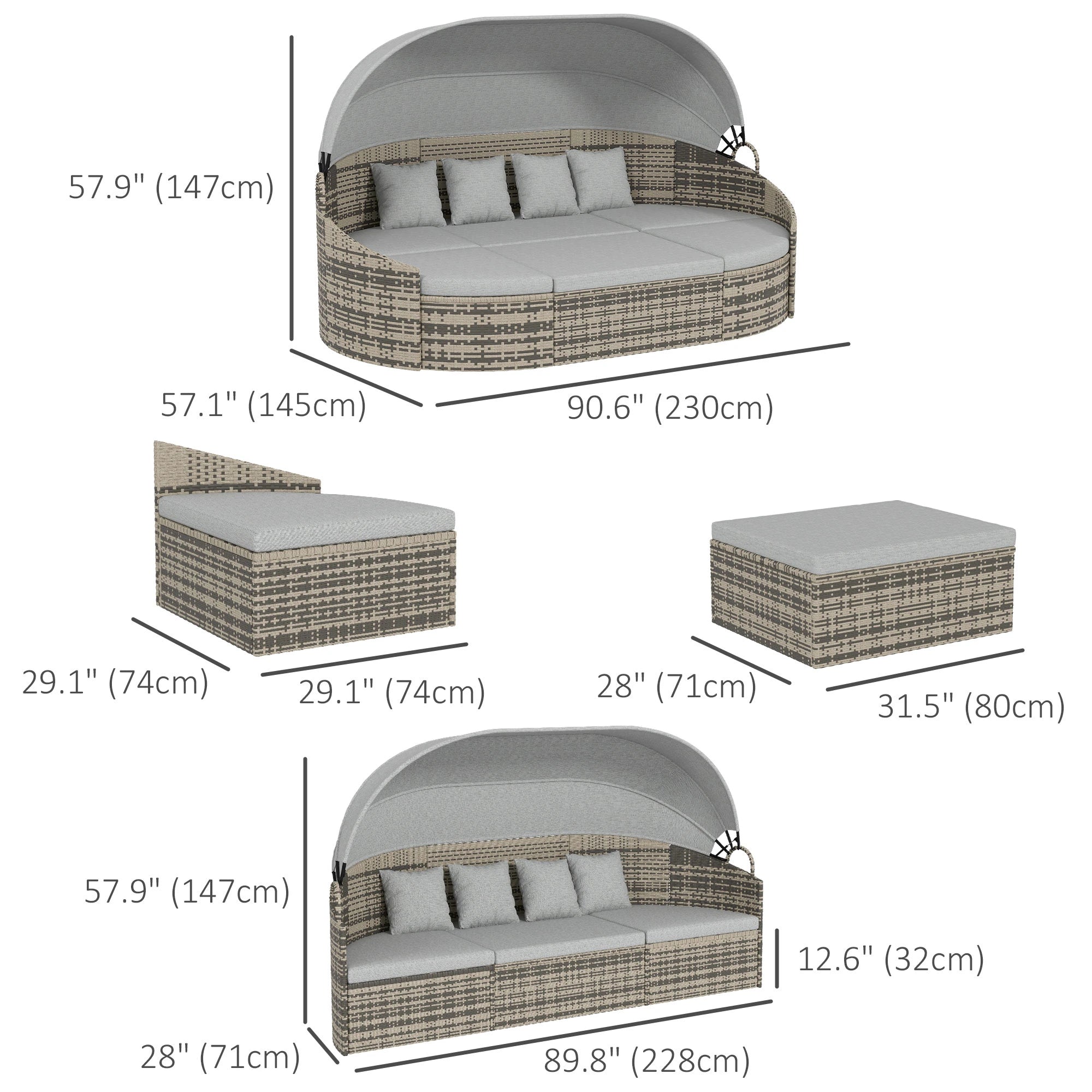 4-Piece PE Wicker Round Daybed, Outdoor Rattan Lounge Set, Light Grey Daybeds at Gallery Canada