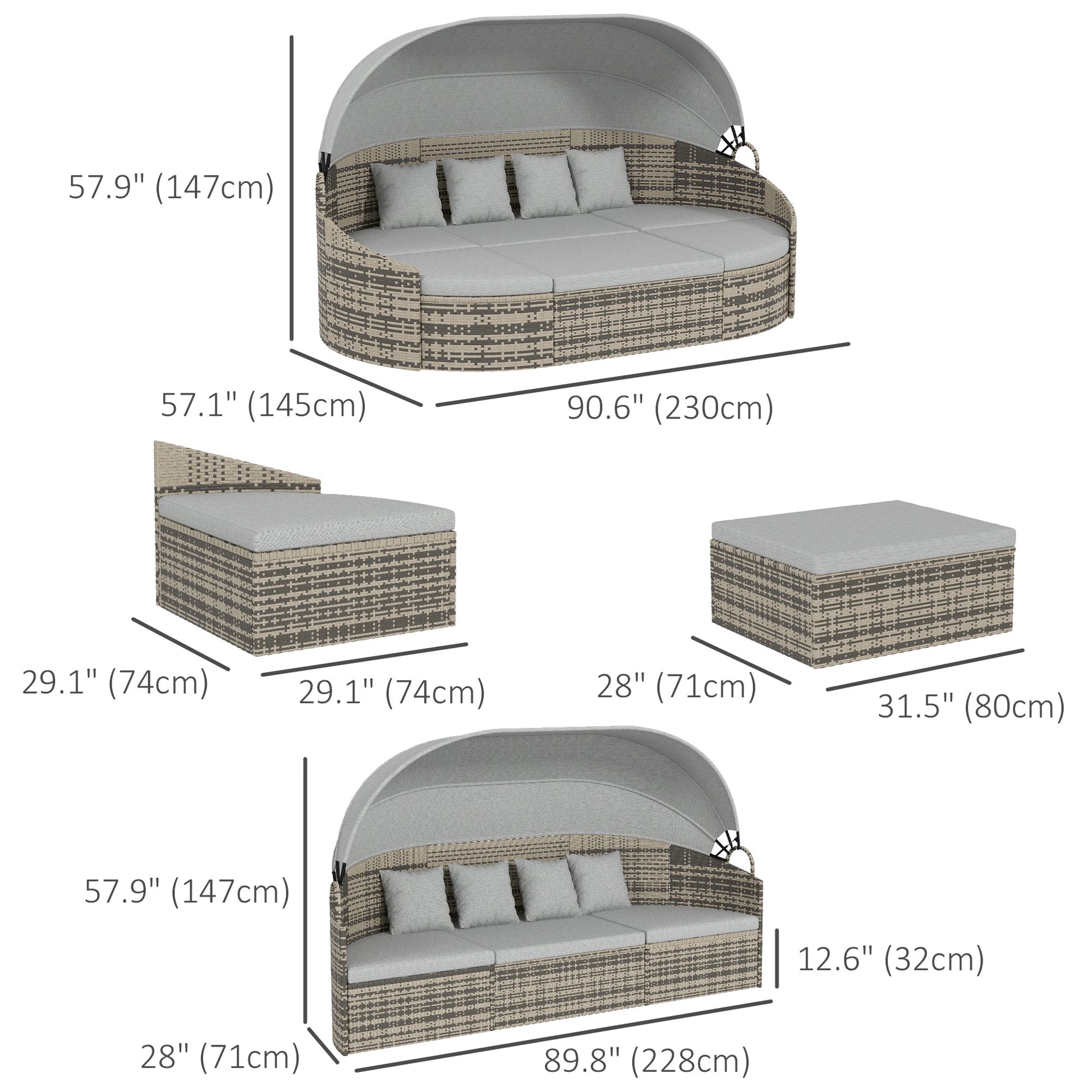 4-Piece PE Wicker Round Daybed, Outdoor Rattan Lounge Set, Light Grey Daybeds at Gallery Canada