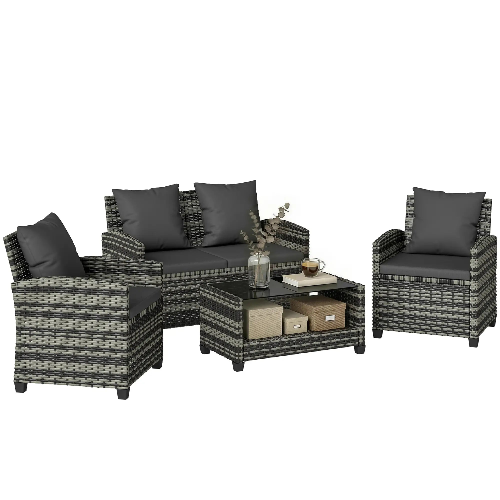 4 Piece Wicker Patio Furniture Set, Loveseat, Chairs, Table, Dark Grey Patio Furniture Sets at Gallery Canada