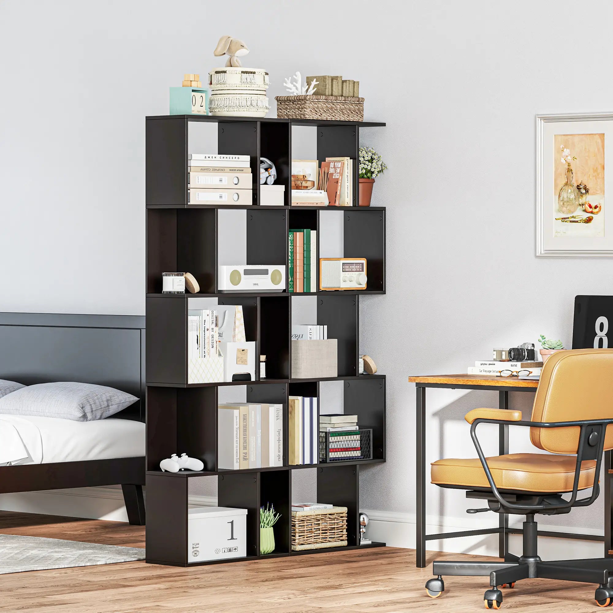 5-Tier Geometric Bookshelf, S Shaped Bookcase, Black Display Bookshelves at Gallery Canada