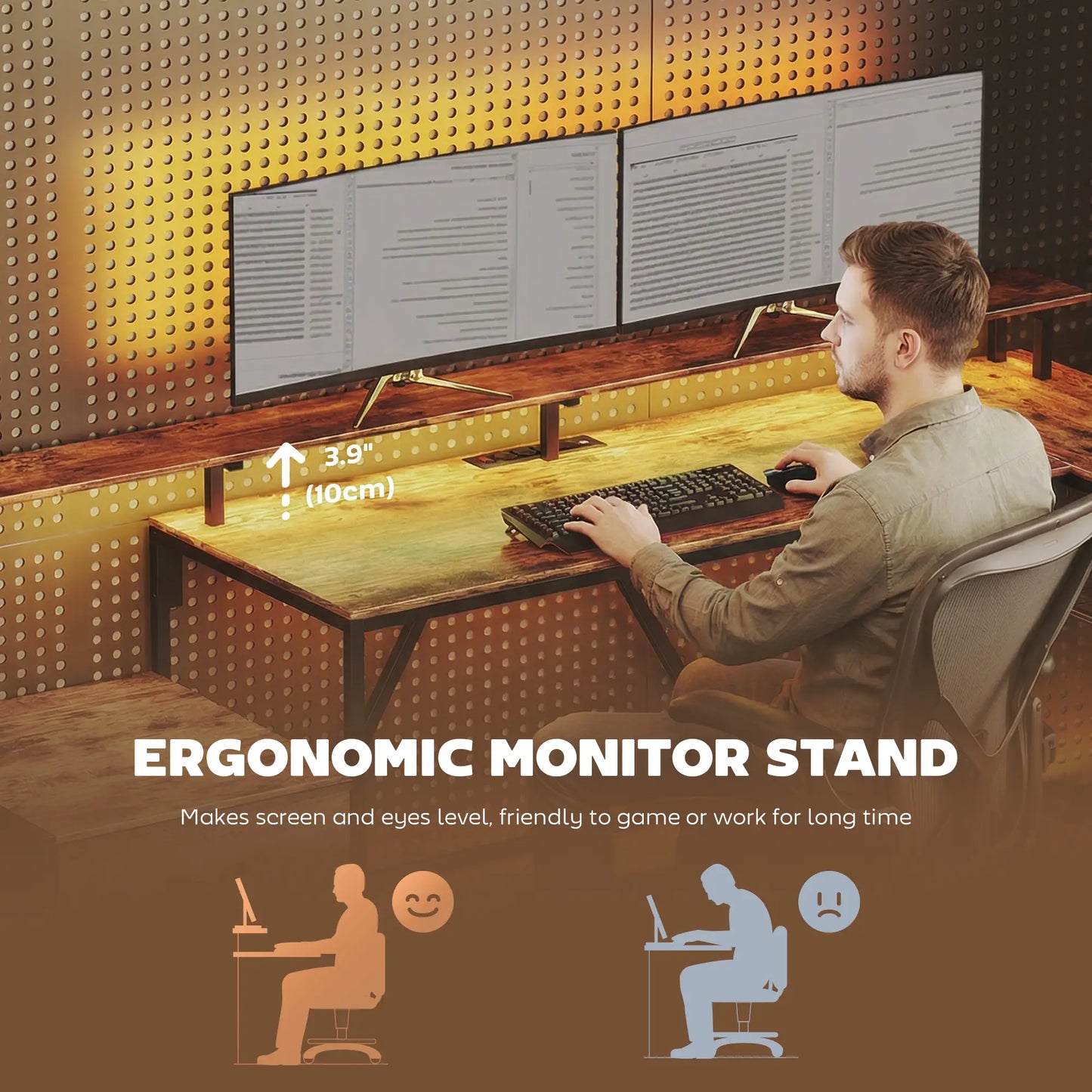 76" Gaming Desk, RGB Lights, USB Ports, Monitor Stand, Rustic Brown Gaming Desks at Gallery Canada