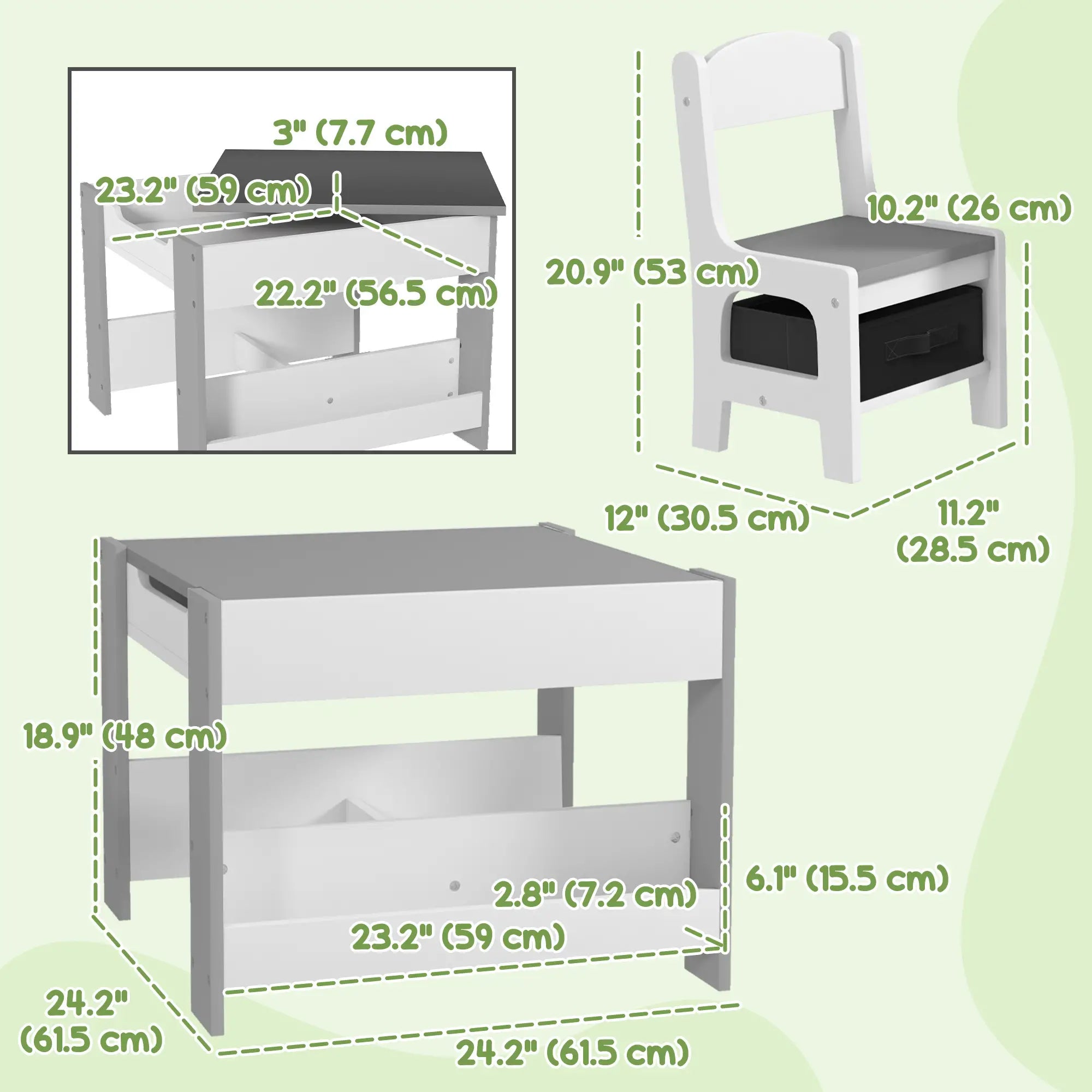 3 Piece Kids Table and Chair Set, Reversible Tabletop, Blackboard, Storage, Grey Kids Table Sets at Gallery Canada