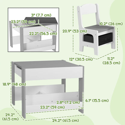 3 Piece Kids Table and Chair Set, Reversible Tabletop, Blackboard, Storage, Grey Kids Table Sets at Gallery Canada
