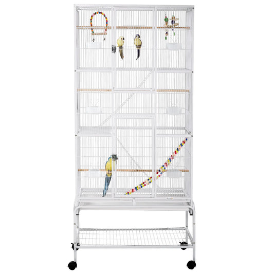 71" Bird Cage With Wheels, Perches, Ramp, Storage Shelf, Toys, White Bird Cages White at Gallery Canada