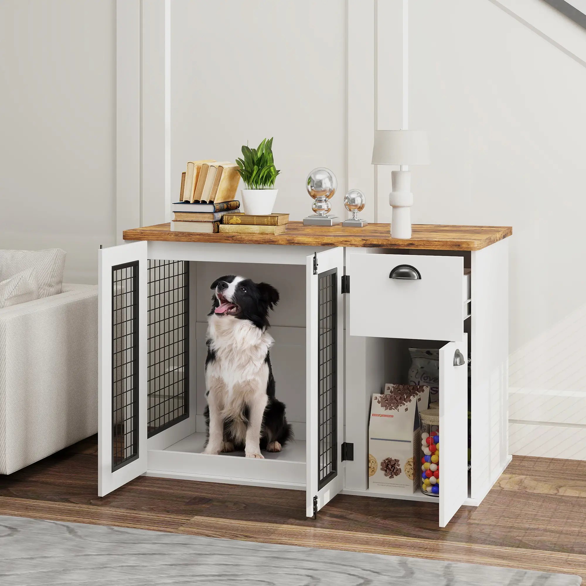 44 Dog Crate with Double Doors, Storage Drawer, White Houses, Kennels & Pens at Gallery Canada