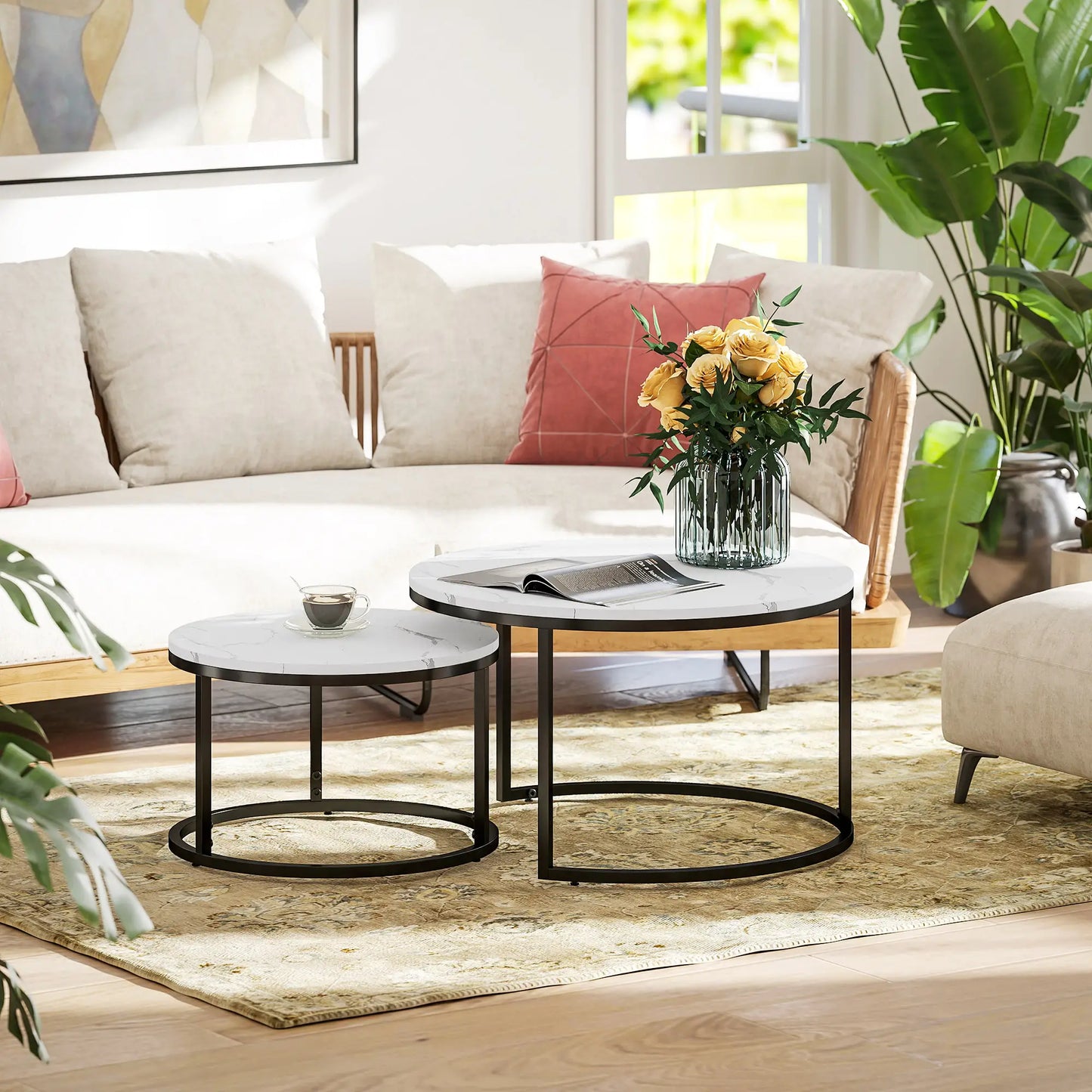 Modern Coffee Table Set of 2, Nesting Side Tables, Metal Base, Faux Marbled, White Coffee Tables at Gallery Canada