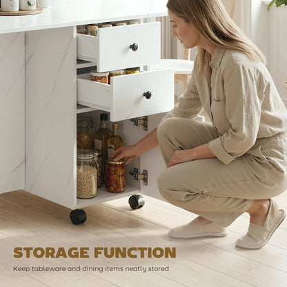 Drop Leaf Dining Table, Mobile Folding Table With Drawers, Marble White, White Dining Tables at Gallery Canada