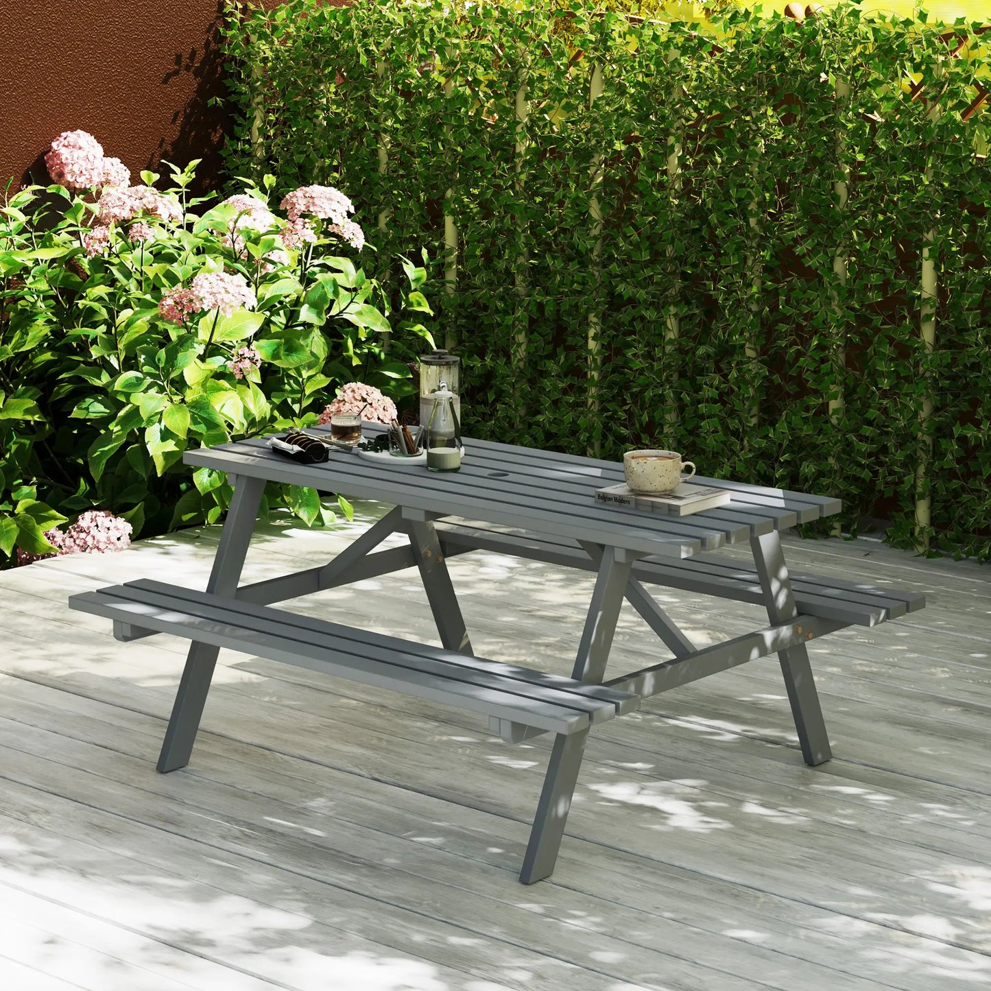 Wood Picnic Table With Umbrella Hole, Camping Table Bench Set, Grey Picnic Tables & Camping Chairs at Gallery Canada